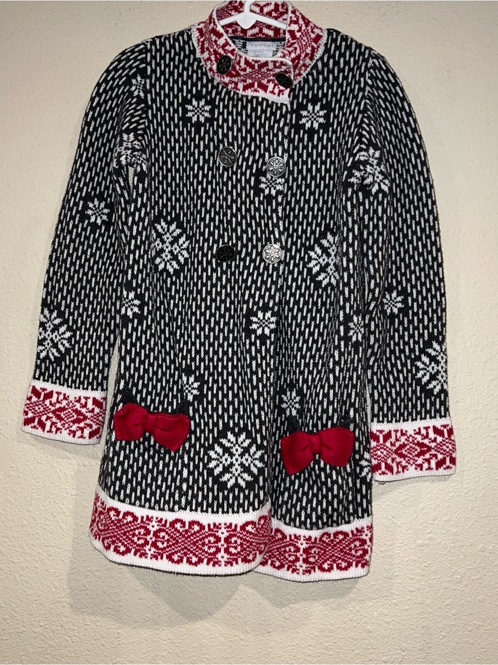 Tahari girl 6X holiday cardigan sweater dress nordic fair isle snowflake bows